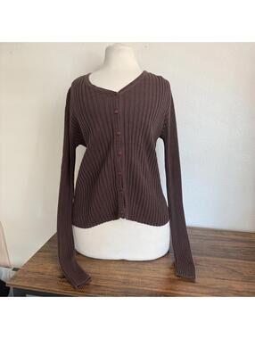 Express Brown Ribbed Button-Up Cardigan Medium